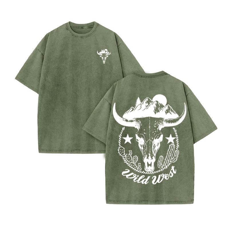 Unisex 100% Cotton WILD WESTERN Western Style Print Acid Washed T-shirt