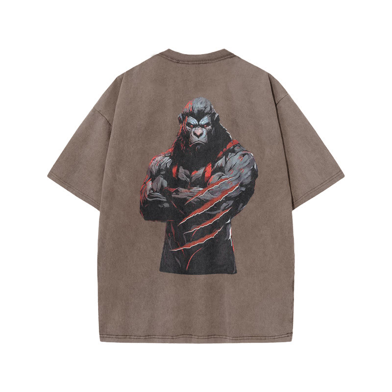 100% Cotton Workout Chimpanzees Gym Print Acid Washed T-shirt - Coffee - US20-22(3XL) - image 5
