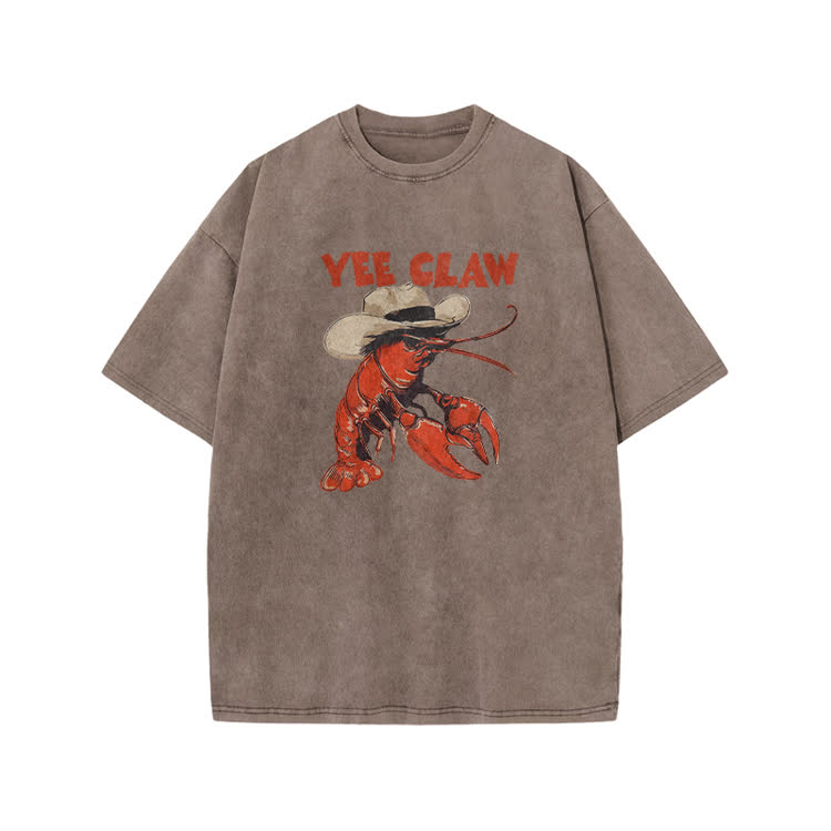 Vintage Yee Claw Lobster Print Acid Washed T-shirt - Coffee - US20-22(3XL) - image 8