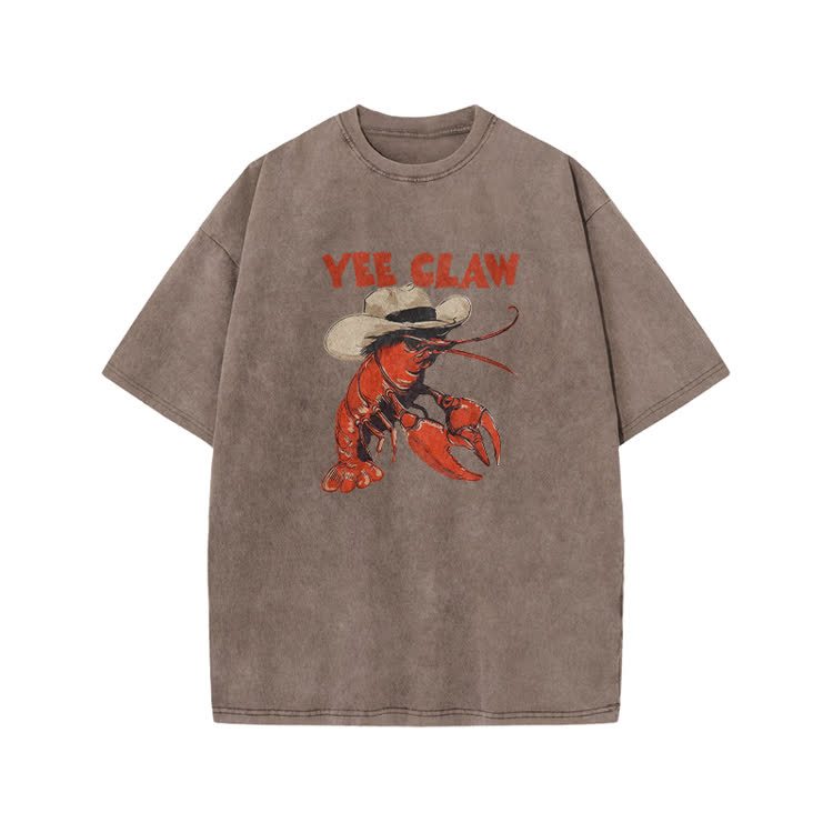 Vintage Yee Claw Lobster Print Acid Washed T-shirt - Coffee - US20-22(3XL) - image 8