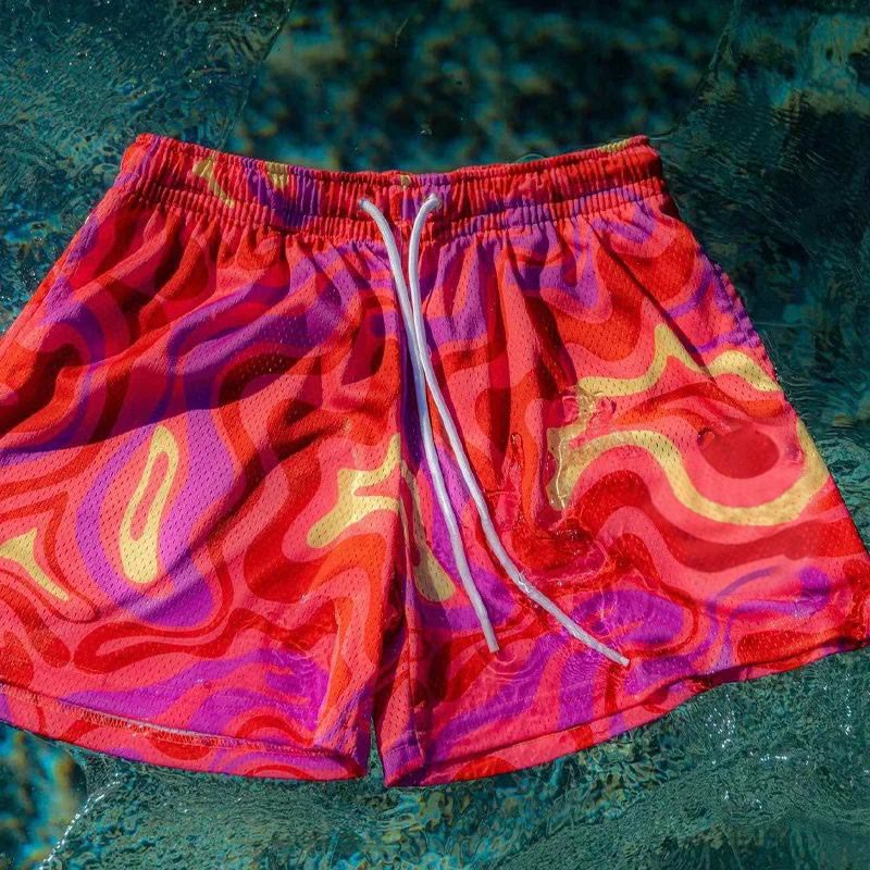 Street Style Red Ombre Abstract Lines Print Mesh Shorts