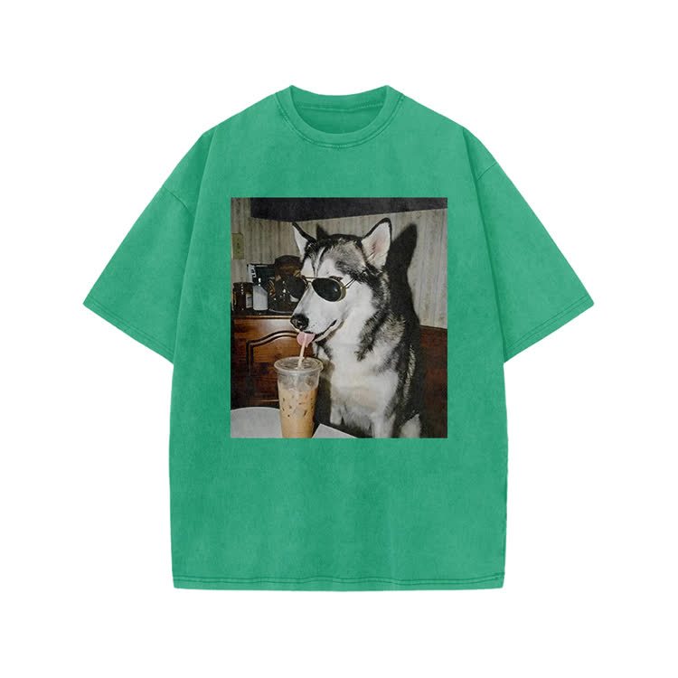 Vintage Husky Iced Coffee Print Acid Washed T-shirt - Green - US20-22(3XL) - image 8