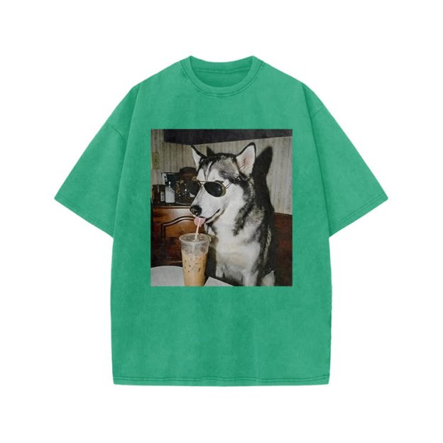 Vintage Husky Iced Coffee Print Acid Washed T-shirt - Green - US20-22(3XL) - image 8