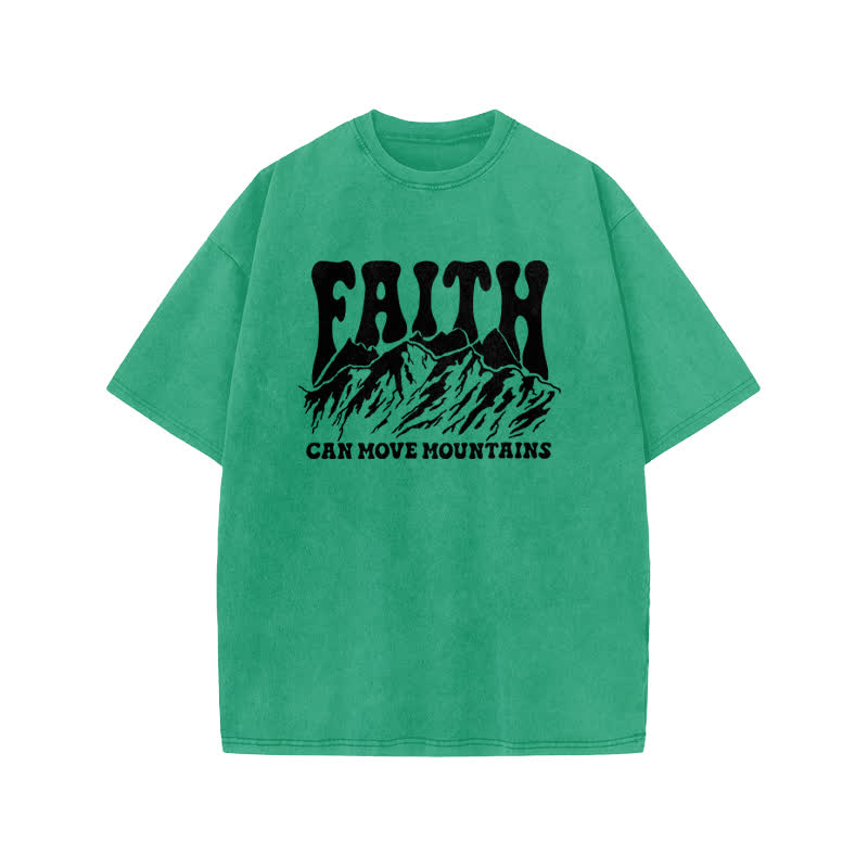 Unisex Faith Can Move Mountains Print Acid Washed T-shirt - Green - US20-22(3XL) - image 6