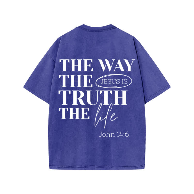Unisex Jesus Is The Way The Truth The Life John 14:6 Print Acid Washed T-shirt - Blue - US20-22(3XL) - image 8