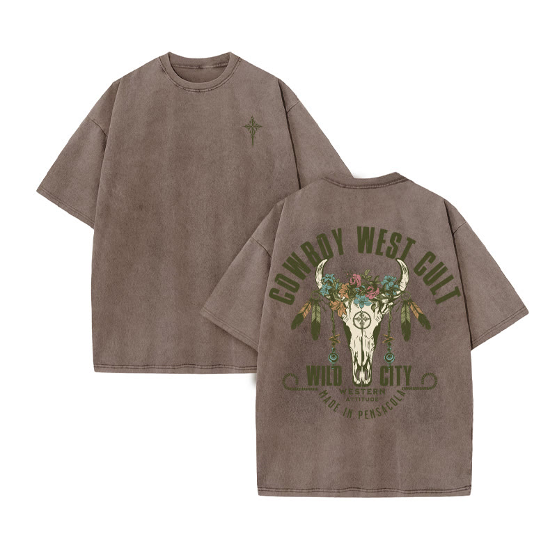 Unisex 100% Cotton COWBOY WEST CULT Western Style Print Acid Washed T-shirt