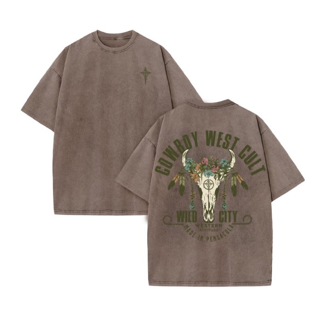 Unisex 100% Cotton COWBOY WEST CULT Western Style Print Acid Washed T-shirt
