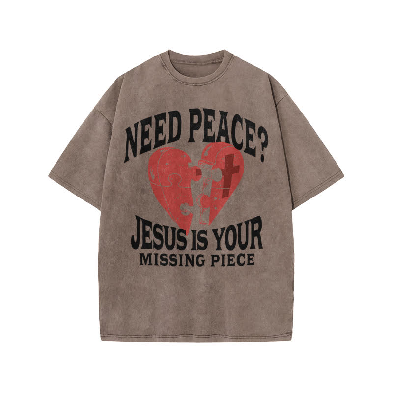Unisex Cute Need Peace? Jesus Is Your Missing Piece Print Acid Washed T-shirt - Coffee - US20-22(3XL) - image 3