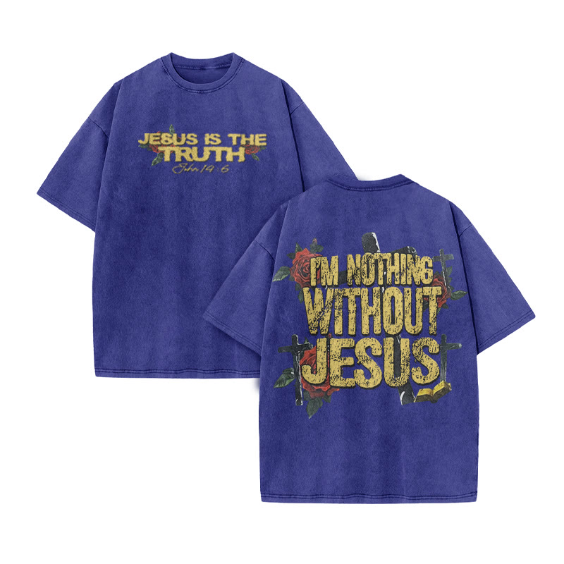 Unisex I'm Nothing Without Jesus Print Acid Washed T-shirt - Blue - US20-22(3XL) - image 8