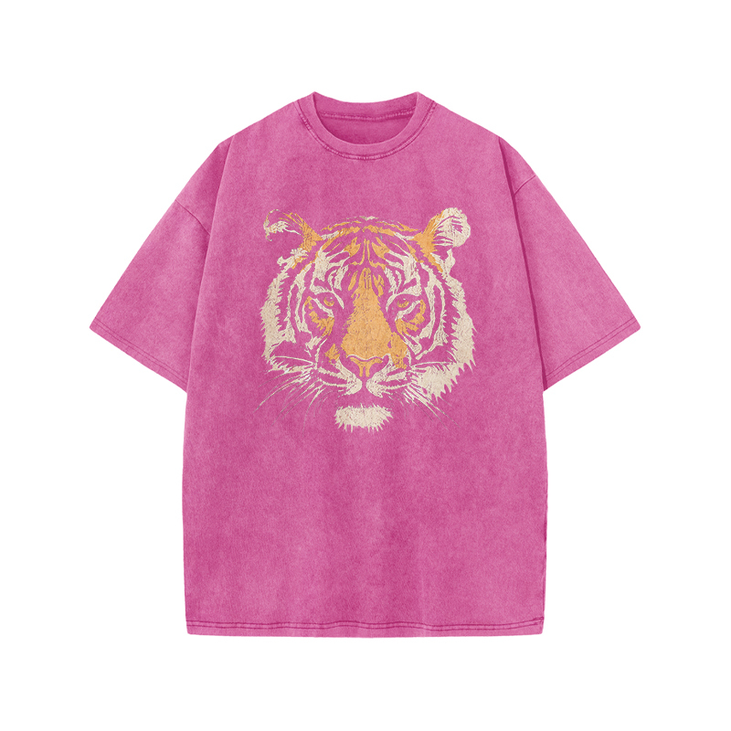 Vintage Tiger Head Round Neck Graphic Print Acid Washed T-Shirt - Pink - US20-22(3XL) - image 9