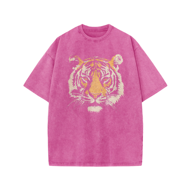 Vintage Tiger Head Round Neck Graphic Print Acid Washed T-Shirt - Pink - US20-22(3XL) - image 9