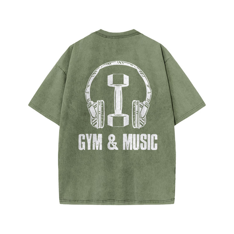 100% Cotton GYM & MUSIC Gym Print Acid Washed T-shirt - Army Green - US20-22(3XL) - image 6