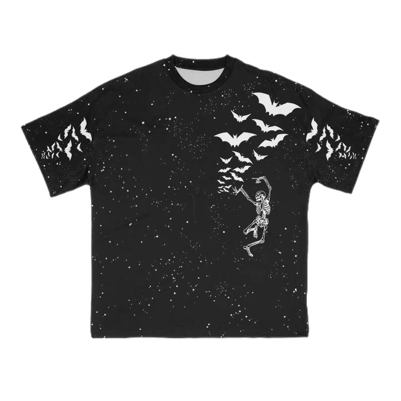Unisex Dancing Skeleton Bats Halloween Print T-shirt - Black - 8XL - image 3