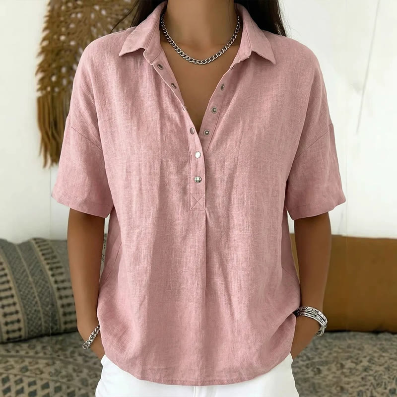 Simple Cozy Solid-color Button-up Short-sleeve Polo Blouse - Pink - 3XL - image 7