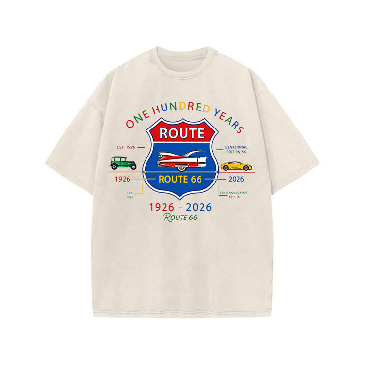 Vintage Route 66 Centennial Graphic Print Acid Washed T-shirt - Beige - US20-22(3XL) - image 5