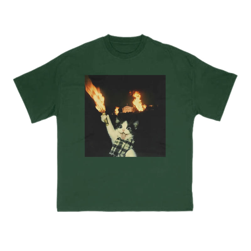 Unisex 100% Cotton Mischievous Cat Print T-shirt - Dark Green - US16-18(2XL) - image 7