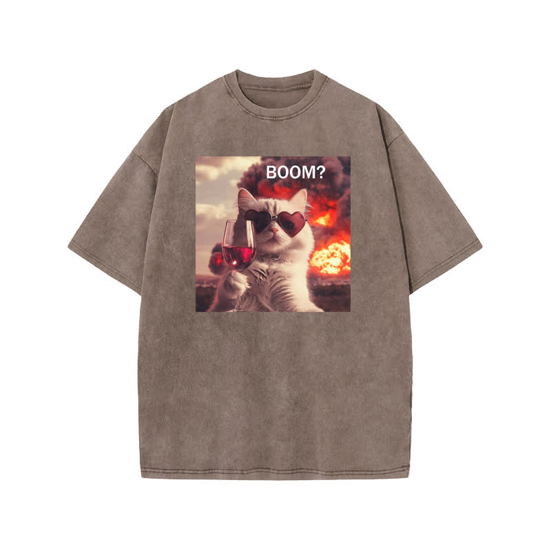 Unisex 100% Cotton Elegant And Calm Cat Print Acid Washed T-shirt - Coffee - US20-22(3XL) - image 3