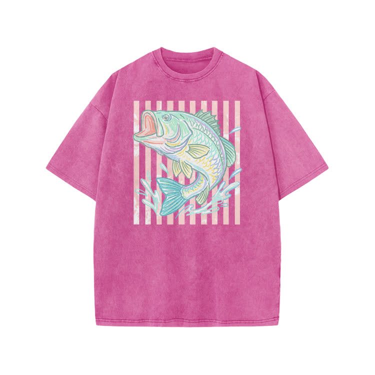 Vintage Bass Fish Graphic Print Acid Washed T-shirt - Pink - US20-22(3XL) - image 6