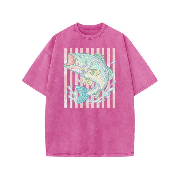 Vintage Bass Fish Graphic Print Acid Washed T-shirt - Pink - US20-22(3XL) - image 6