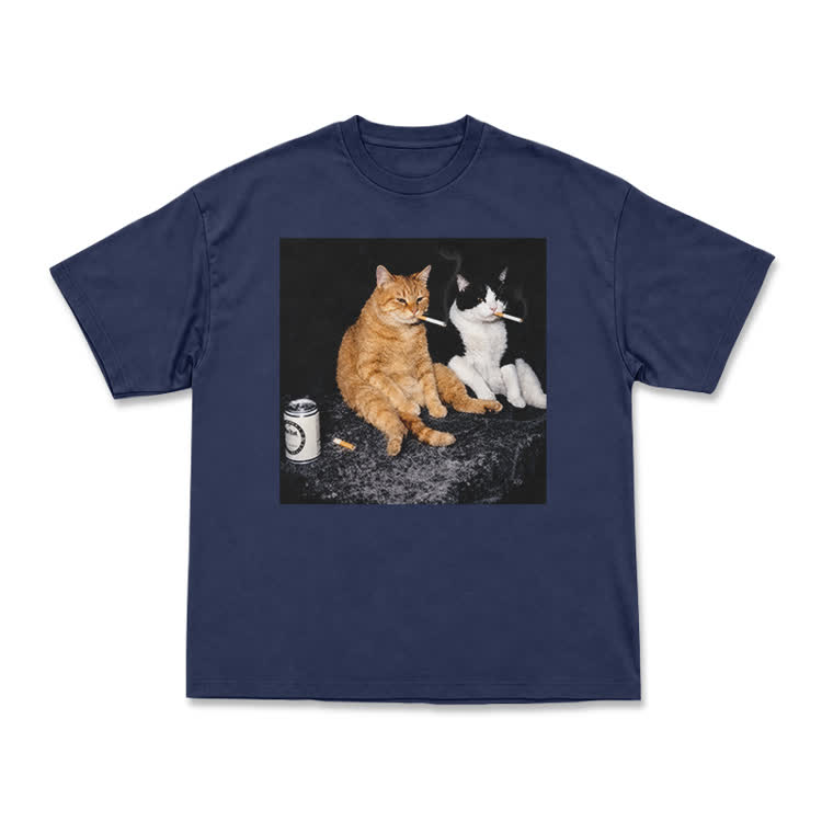 Vintage Smoking Cats Graphic T-Shirt - Navy Blue - US16-18(2XL) - image 11
