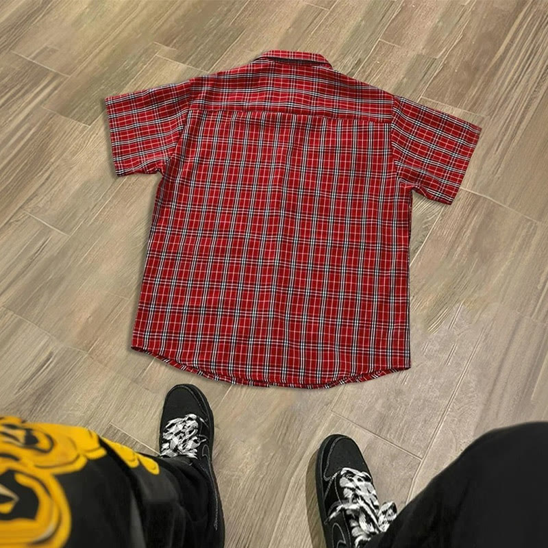 Unisex Saved By Jesus Contrast Plaid Print Short-sleeved Shirt - image 6