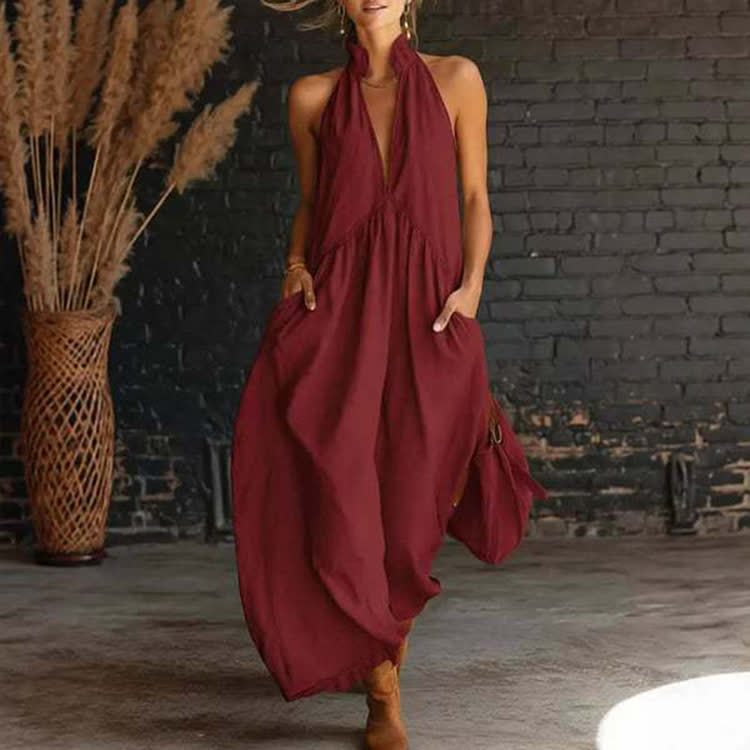 Elegant Vacation Stand Collar Solid Color Dress - Red - US20-22(3XL) - image 4