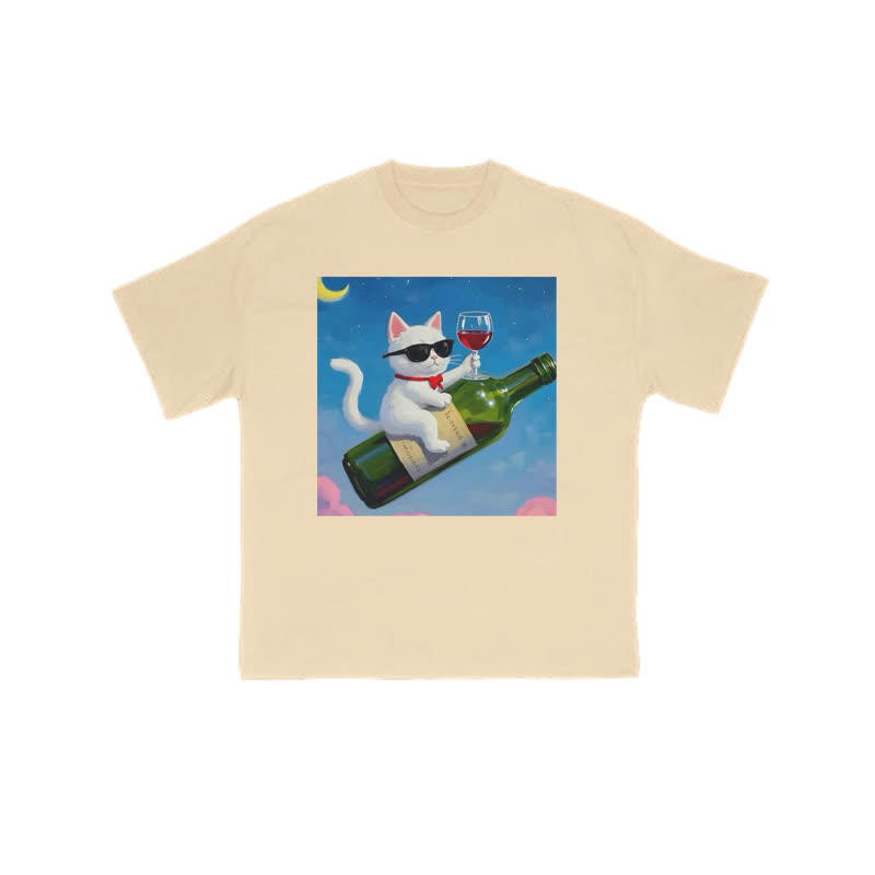 Unisex 100% Cotton Noble And Elegant Cat Print T-shirt - Apricot - US16-18(2XL) - image 5