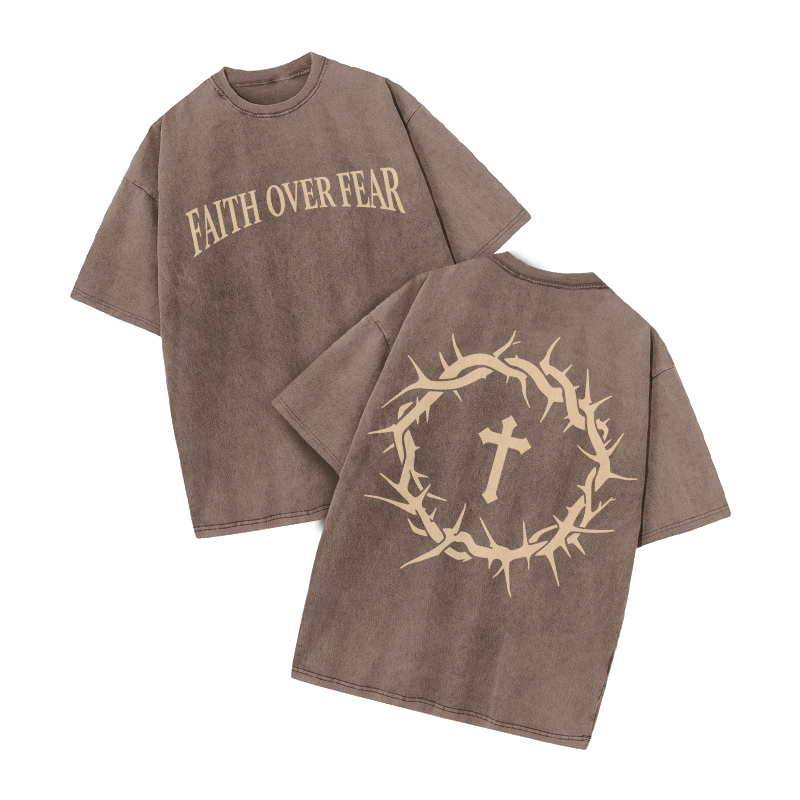 Streetwear Faith Over Fear Graphic Print Acid Washed T-Shirt - Coffee - US20-22(3XL) - image 5