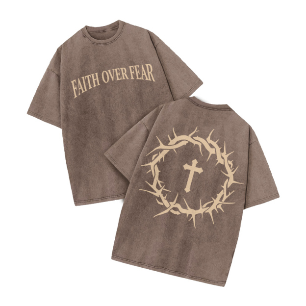 Streetwear Faith Over Fear Graphic Print Acid Washed T-Shirt - Coffee - US20-22(3XL) - image 5