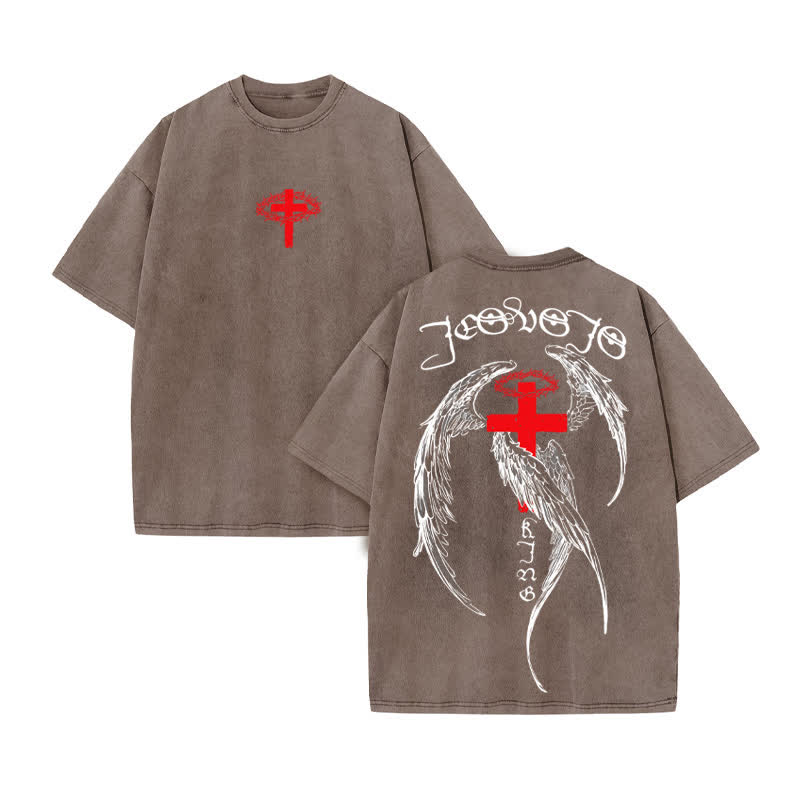 Unisex 100% Cotton JESUS IS KING Four-winged Cross Print Acid Washed T-shirt - Coffee - US20-22(3XL) - image 4
