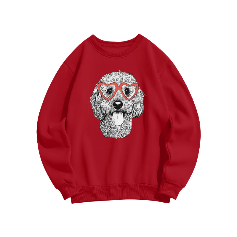 Curly-haired Puppy With Heart-shaped Glasses Valentine's Day Print Sweatshirt - Red - US16-18(2XL) - image 6