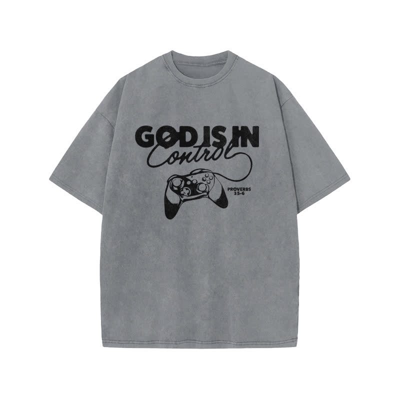 Unisex Cute God Is In Control Print Acid Washed T-shirt - Grey - US20-22(3XL) - image 4