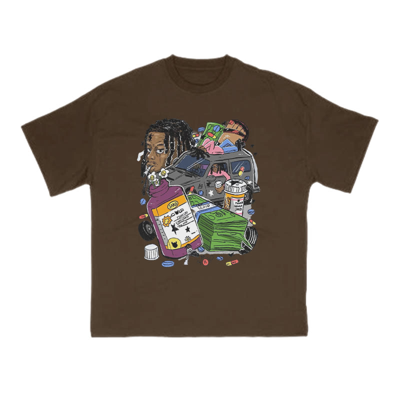 Unisex 100% Cotton Creative Illustrations Print T-shirt - Coffee - US16-18(2XL) - image 6