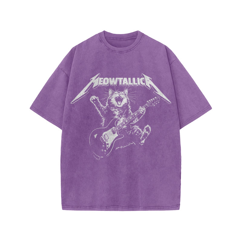 Unisex 100% Cotton Bassist Cat Print Acid Washed T-shirt - Purple - US20-22(3XL) - image 9