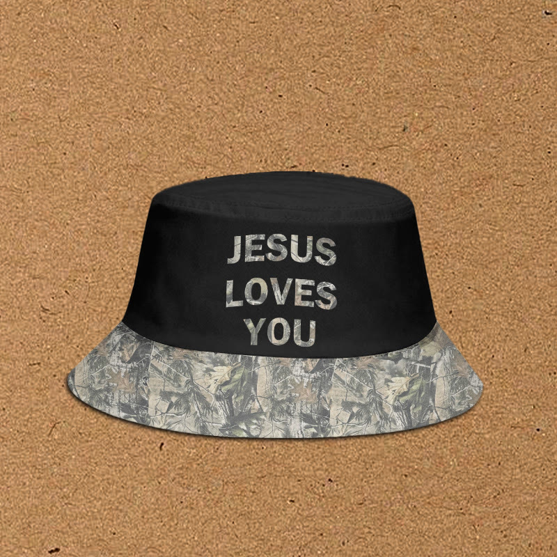 Jesus Loves You Dead Leaves Camouflage Patchwork Print Bucket Hat - Black - XL(62cm) - image 3