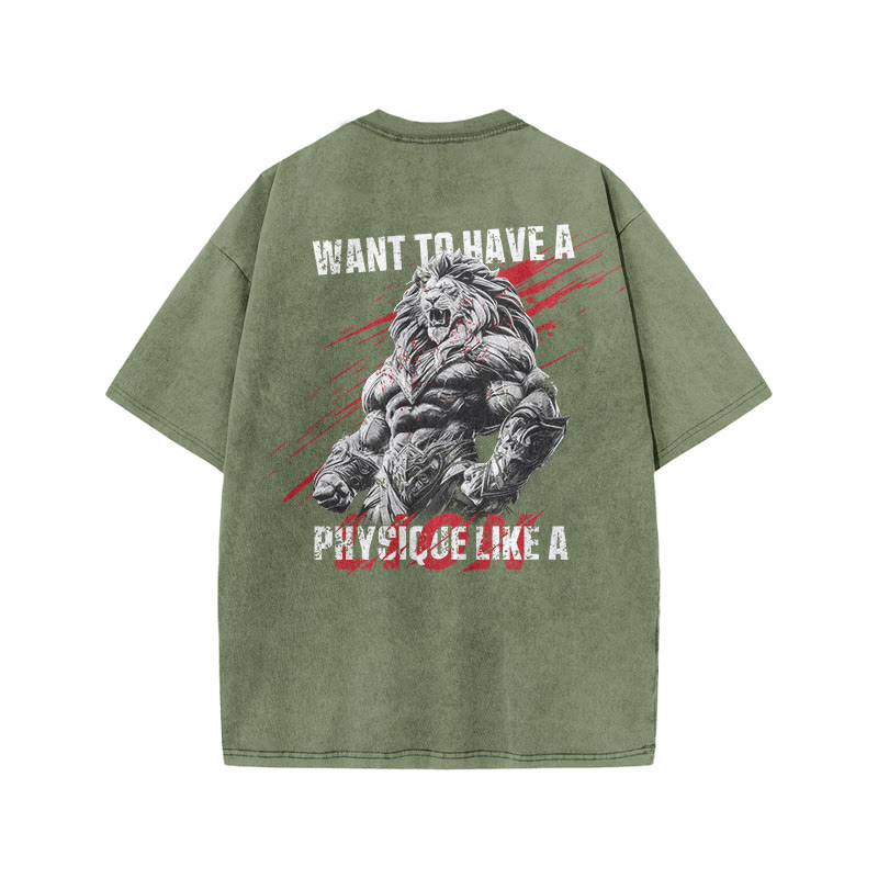 100% Cotton Want To Have A Physique Like Gym Print Acid Washed T-shirt - Army Green - US20-22(3XL) - image 6