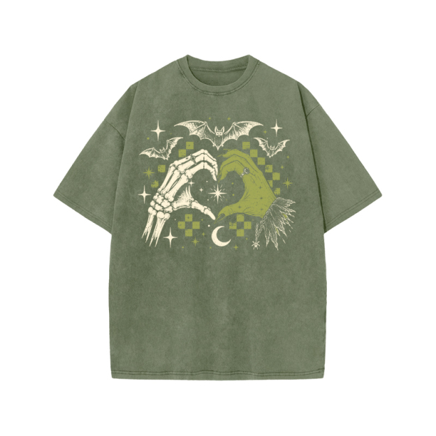 Gothic Heart Hands Graphic Print Acid Washed T-Shirt - Army Green - US20-22(3XL) - image 4