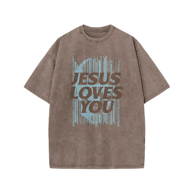 Unisex Cute Jesus Love Transcends All Print Acid Washed T-shirt - Coffee - US20-22(3XL) - image 3