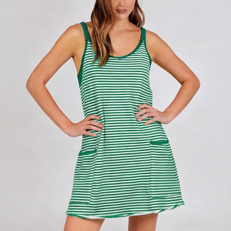 Women's Casual Striped Sleeveless Pockets Dress - Green - 2XL - image 8