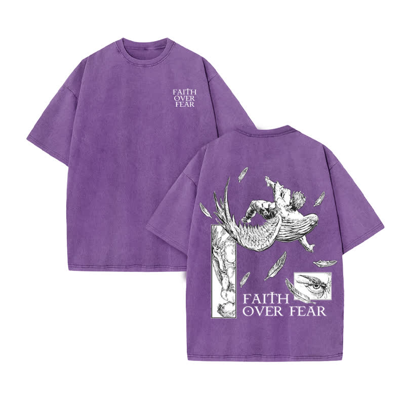 Unisex  Faith Over Fear Print Acid Washed T-shirt - Purple - US20-22(3XL) - image 9