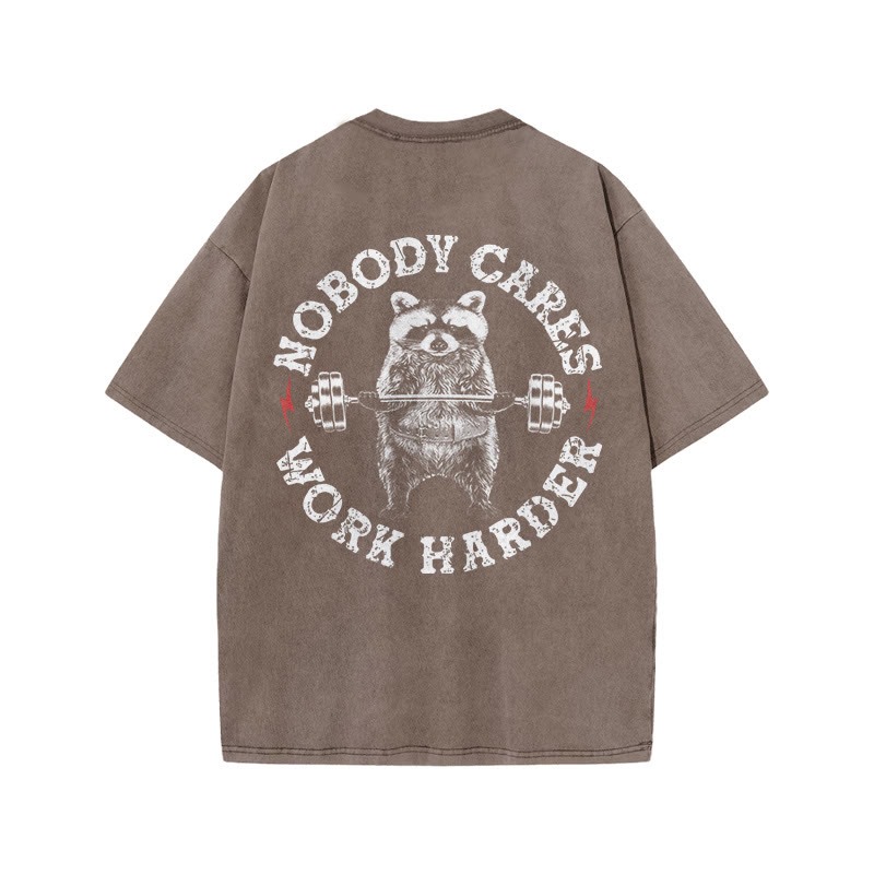 100% Cotton Nobody Cares Work Harder Gym Print Acid Washed T-shirt - Coffee - US20-22(3XL) - image 6
