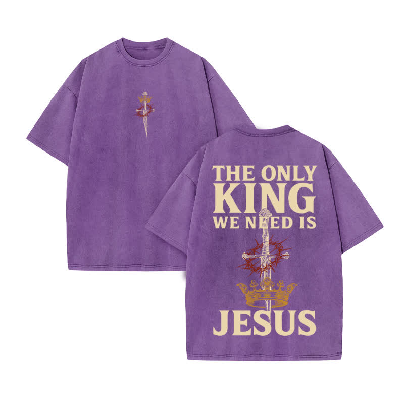 Unisex 100% Cotton JESUS IS THE ONLY KING Print Acid Washed T-shirt - Purple - US20-22(3XL) - image 8