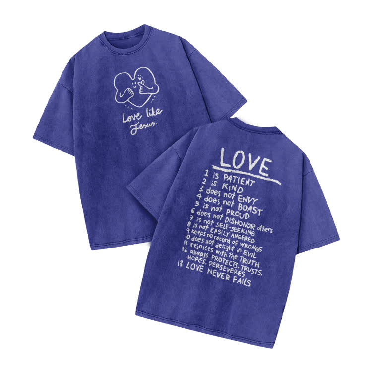 Love Like Jesus Print Acid Washed T-shirt - Blue - US20-22(3XL) - image 9