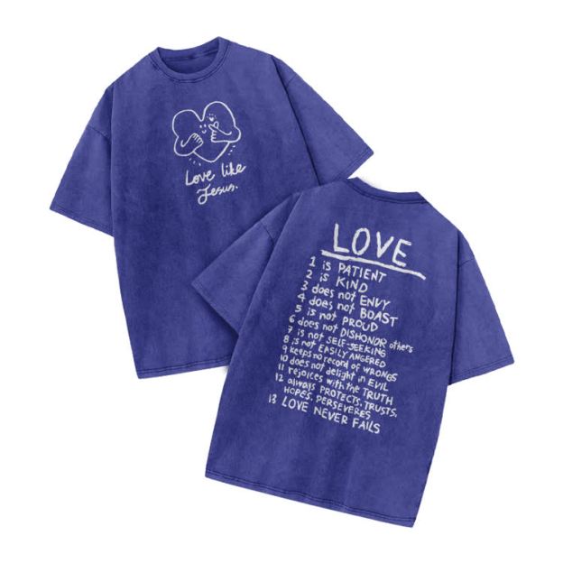 Love Like Jesus Print Acid Washed T-shirt - Blue - US20-22(3XL) - image 9