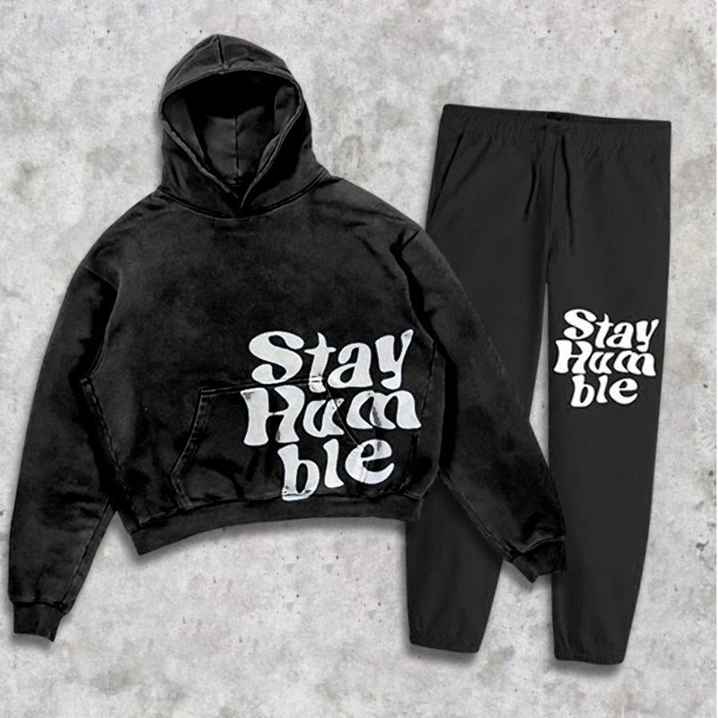 Hip-hop Style Stay Humble Print Hoodie Two-piece Set
