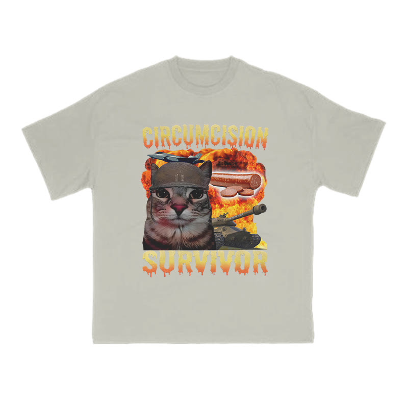Unisex 100% Cotton Circumcision Survivor Meme Cat Print T-shirt - Warm Grey - US16-18(2XL) - image 4