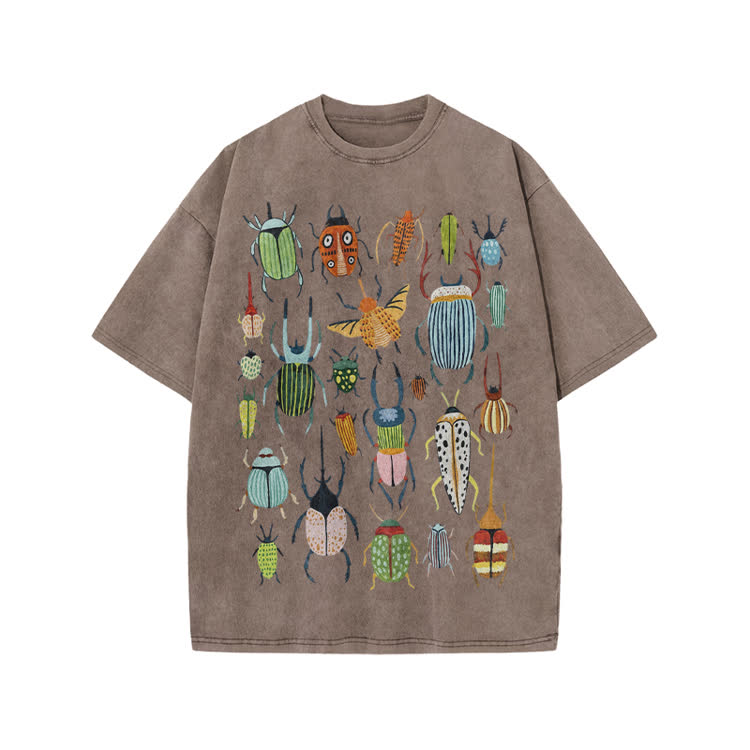Faded Vintage Beetle Graphic Print Acid Washed T-shirt - Coffee - US20-22(3XL) - image 5
