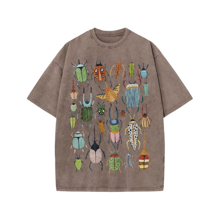 Faded Vintage Beetle Graphic Print Acid Washed T-shirt - Coffee - US20-22(3XL) - image 5