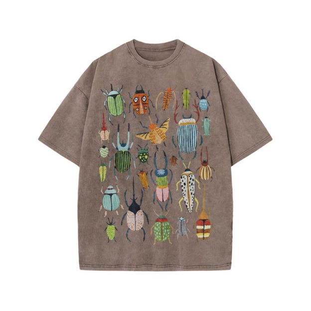 Faded Vintage Beetle Graphic Print Acid Washed T-shirt - Coffee - US20-22(3XL) - image 5