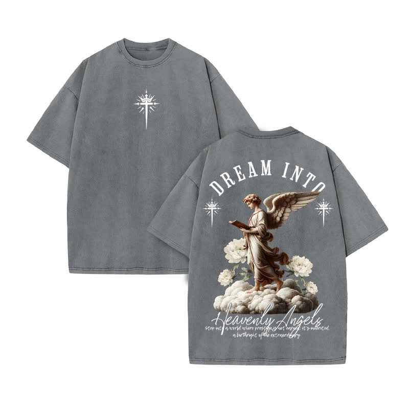 Unisex 100% Cotton Heavenly Angels Print Acid Washed T-shirt - Grey - US20-22(3XL) - image 5
